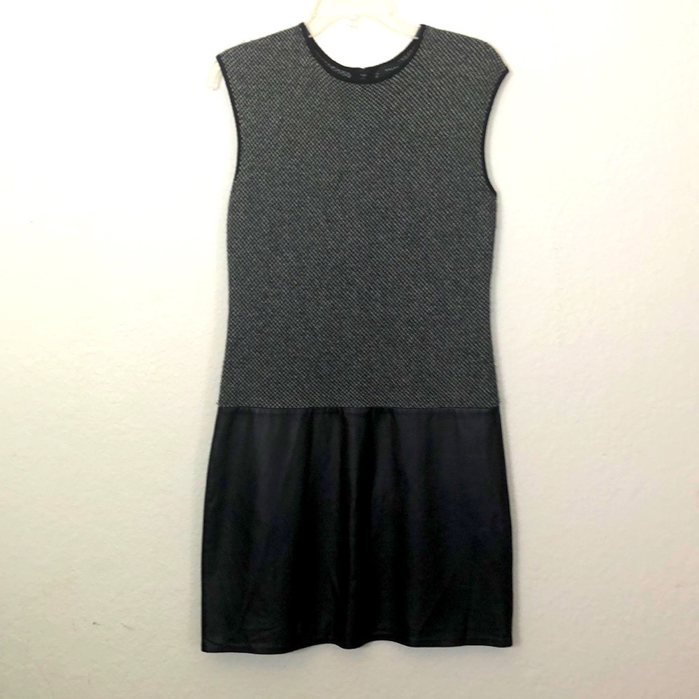 RALPH LAUREN Black Lamb Leather & Houndstooth Cashmere Shift Dress SZ M